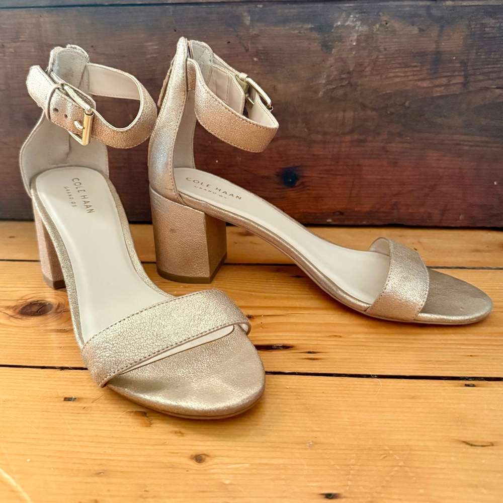 Cole Haan Gold Leather Block Heel Ankle Strap Womens 7 B